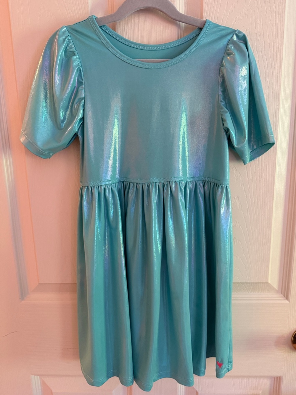 Pink Chicken Iridescent Teal Puff Sleeve Dress